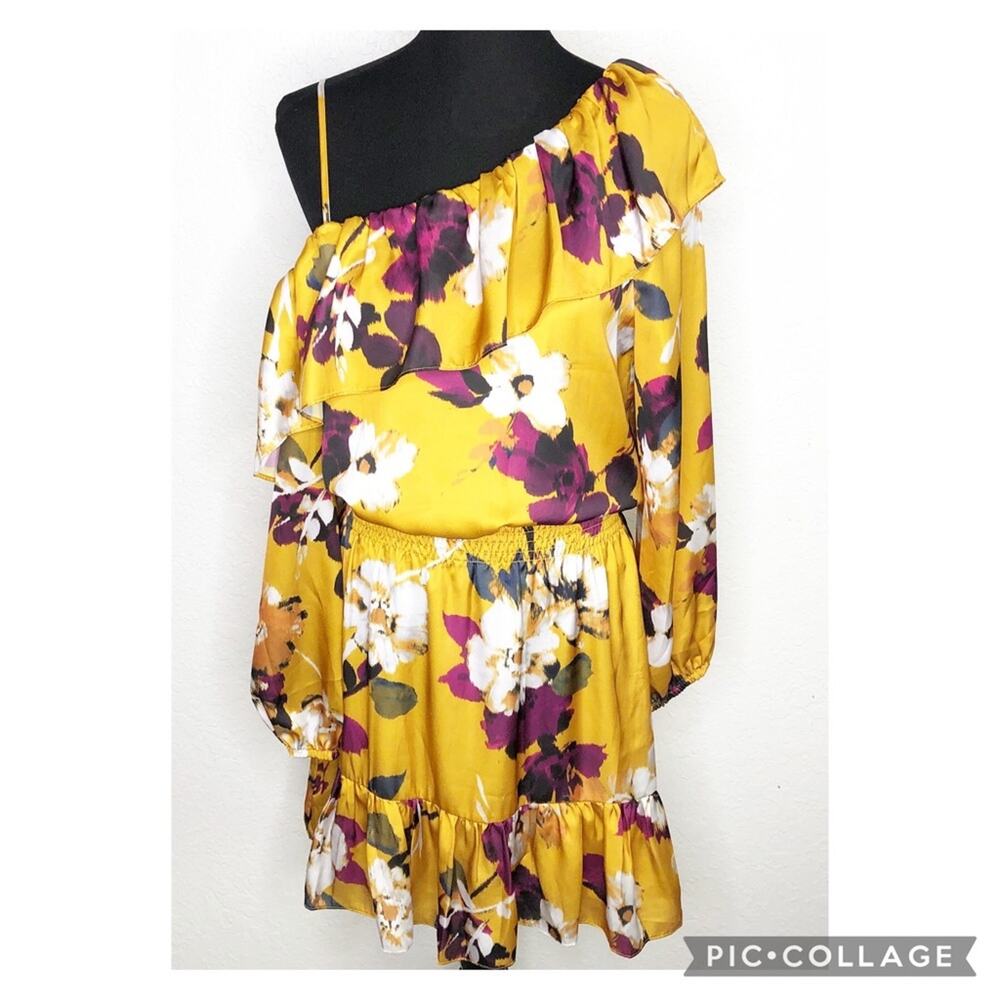 Boston Proper gold white purple floral one shoulder ruffle dress size Medium